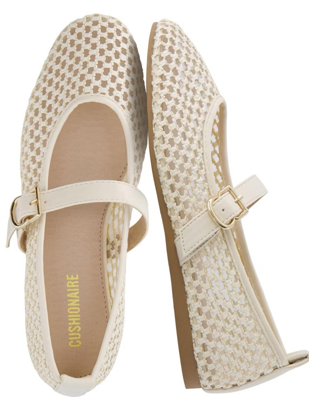 Cushionaire Women’s Cream Woven Mary Jane Flats with Buckle Strap